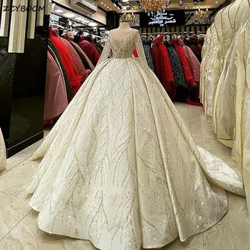 2023 Lepe Iluzije Dolge Rokave Dubaj Žogo Obleke Poročne Obleke Sparkly Sequined Savdska Arabski Poročne Halje Vestido De Noiva
