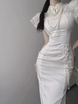 2023 Novi Kitajski Državni Cheongsam Bele Čipke Obleko Elegantno Letnik Ženske Dolge Obleke, Ki Plujejo Pod Rokav Seksi Qipao S2107