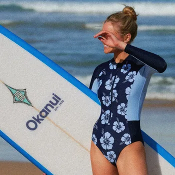 2023 Novo Modro Natisnjeni Kopalke Dolgo sleeved Trikotnik enodelne Kopalke Ženske okoli Vratu Zadrgo Deskanje bo Ustrezala Bikini Plaža Obrabe