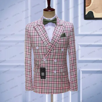 2023 Roza Bela Kariran Moških Obleko Dvojno Zapenjanje Najnovejše Design Ženina Poročna Jopičem Najboljši Kostum Homme Jakno Plašč Blazerji