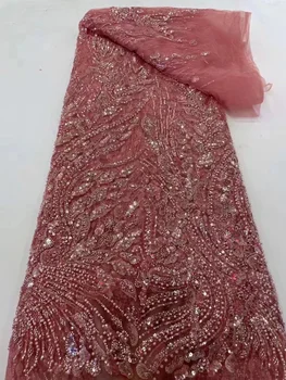 2023 roza Luksuzni francoski 3D Beaded Til Tkanine, Čipke Visoke Kakovosti Afriške Neto Čipke Tkanine Z Bleščicami Za Večerne Obleke