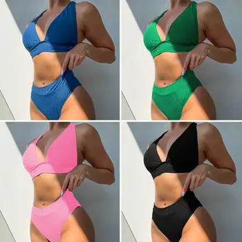 2Pcs/Set Globoko Proti-Vrat Nazaj Povoj Barva Belušno Bikini Komplet Ženske Push-Up Modrc Visoko Pasu Hlačnic Kopalke Plažo