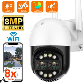 8MP Dvojno Objektiv WIFI IP Kamera Zunanja 8X Zoom HD 4K PTZ Kamere AI Auto Tracking 2K 4MP Varnosti CCTV nadzorna Kamera iCSee