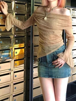 ADAgirl Eleganten Čipke Off Ramenski Majica Flare Rokav Lepa Bluze Za Ženske Korejski Moda Tesen Nezakonitih Y2k Estetike Vrhovi
