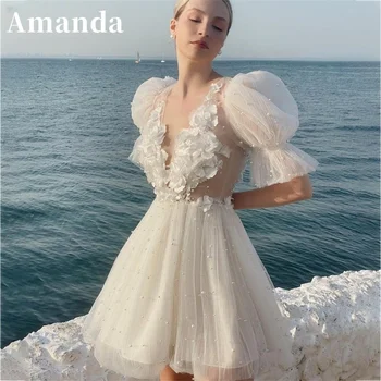 Amanda Romantični Biser Kratek Prom Oblačenja 2023 Luksuzni 3D Cvet Mini Vestidos De Noche Bela Zabuhle Rokav فساتين مناسبة رسمية