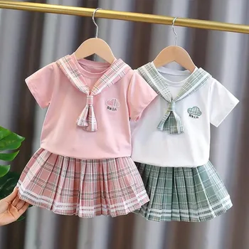 Baby Dekleta JK Uniforme bo Ustrezala 2023 Poletnih Oblačil, Otroci Vrh Tshirts+Nabrano Krilo / Hlače Otrok korejski Preppy Stil 2Pcs Določa