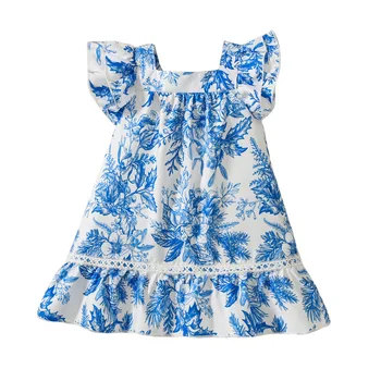 Baby Dekleta-line Princesa Obleko Otrok Sveže Priložnostne Krila Dekleta Poletje Obleko Dekle Tiskanja Modra Belega Porcelana Kratke Obleke