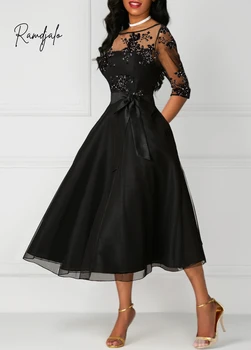 Black Pol Formalnih Obleke za Poroko Gost 2022 Čaj Dolžina Pol Rokavi Odklon Vratu A-Line Sashes Ženske Stranka Halje z Žepi