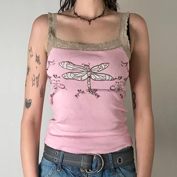 Brezrokavnik Ženske Bombaž Dragonfly Natisnjeni Usnje Roza Čipke Trak Retro Vrhnja oblačila Kratek Top Slim Fit Vsestranski Poletje Modni Trend