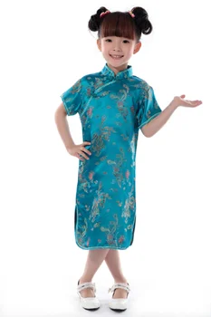 Debelo Nove Kitajske Tradicionalne Otrok Natisnjeni Cheongsam Kostume Poletje Dekle Obleko Dekleta Visoke Kakovosti Saten Svila Tang Obleko