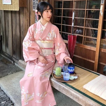 Dekle Sakura Kimono Obleko Japonski Yukata Obi Kopalni Plašč Ženske Cvjetnim Tiskanja Haori Japonska Enotno Cosplay Kostum Stranka Kratke Obleke