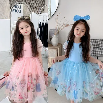 Deklice Gaza Princesa Obleko Poletje za Otroke Elsa Ana Zamrznjene Vzorec Tiskanja Kratek Rokav Očesa Naguban Obleke za Otrok 3-13 Leto