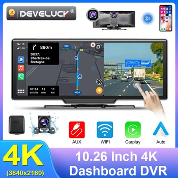 Develuck 10.26 Palčni 4K Avto DVR Carplay AUX Android Auto 1080p Rearview mirror Fotoaparat Dash Dvojno Objektiv 3840*2160P GPS Video Monitor