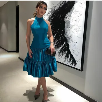 Elegantna Kratka Modra Ženske Večer Stranka Obleke A-Line Povodcem Naguban Čaj Dolžina Saten Maturantski Formalno Halje Arabski Haljo De Soiree