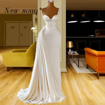 Ena Ramenski Morska Deklica Poročne Obleke 2023 Saten Posla Obleko Biseri Poročne Halje Beaded Elegantno Haljo De Mariage