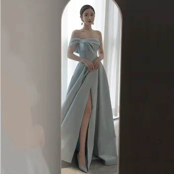 Francoski Saten Poročno Obleko Sivkasto Modro Elegantno Cev Vrh Dolgo Poročno Obleko Seksi Režejo Banket Gostiteljice Obleka Ženske