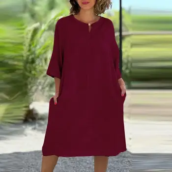 Gospa Jesen Dress Vintage-zgleduje Koleno Dolžina Ženske noše z Votlo V Vratu Mehka, Dihanje Tkanine Priročno Žepi za