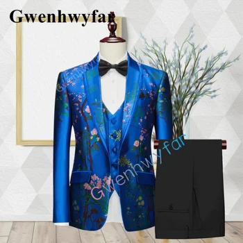 Gwenhwyfar Top Design, Stil za Moške bo Ustrezala British Royal Modra Priložnostne Visoke Kakovosti Žakarske Tkanine Ženina Poročna Jopičem Tri Kos