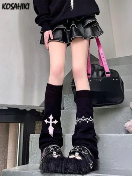 Harajuku Gothic Črna, Siva Križ Verige Pletene Noge Grelniki Nogavice Ženske Girl Punk Japonski Kawaii Noge Kritje Ulične