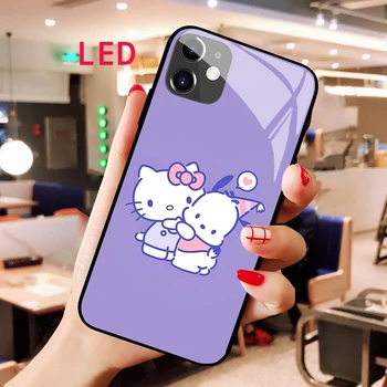 Hello Kitty Svetlobna Kaljeno Steklo primeru telefon Za Apple iphone 13 14 Pro Max Puls Luksuznih Modnih LED RGB Osvetlitev nov pokrov