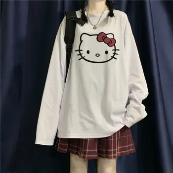Hello Kitty Tshirt Novo Y2K Kawaii Anime Risanke 2023 Sanrios Vrh Kratek Dolg Rokav Prevelik Harajuku Priložnostne Svoboden Tee Dekle Darilo