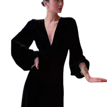 Jeseni francoski Retro Lahka Luksuzni Žametno Obleko Ženske Proti-vrat Visoko Pasu Luč Rokav Slim Hip Črn Stranka Obleko