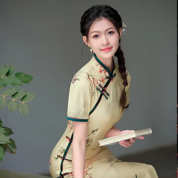 Kitajski Slog Ženska Cvjetnim Tiskanja Cheongsam Vintage Retro Kratek Rokav Tradicionalnih Elegantno Obleko Qipao