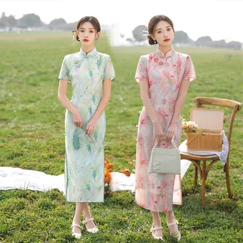 Kitajski Tradicionalni Cheongsam Ženske, Dekleta Stranka Poročno Obleko Modne Vintage Retro Cvjetnim Tiskanja Saten Qipao