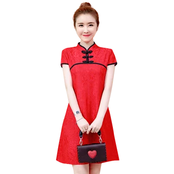 M-4XL Plus Velikost Moda Elegantno Letnik Kitajske Tradicionalne Priložnostne Stranka, Ženske obleke Poletje Rdeče Črne Čipke Cheongsam Obleke