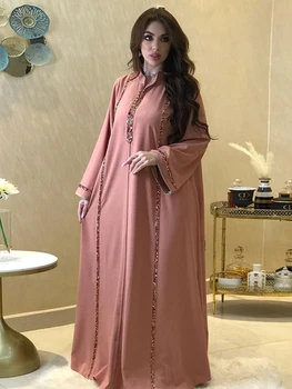 Maroko Abaya Ženske Obleke Diamond Trak Trim Maxi Obleko Jeseni Leta 2022 Stojalo Ovratnik, Dolgi Rokavi Svoboden Oman Turčija Dubaj Muslimanskih Robe