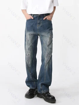 Moda za moške Obrabe Mozaik korejski Ulične Mode Naravnost Sredini Pasu Blue Jeans Priložnostne Traper Hlače, Moške Hlače Denim
