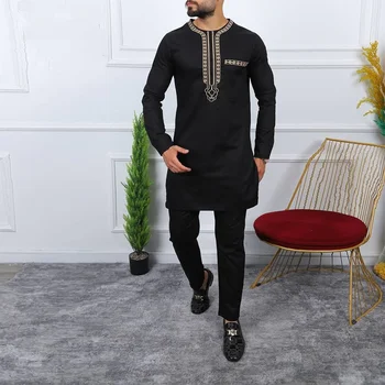 Moške Afriške Dashiki Dolg Rokav Mozaik Nastavite Pomlad Moda Mid-dolžina Moškega Oblačila Plus Velikost 4xl Črne Obleke