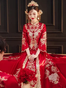 Nevesta Sparkly Toast Oblačila Tang Bo Ustrezala Kitajski Slog Sequins Beading Rese Poročno Obleko