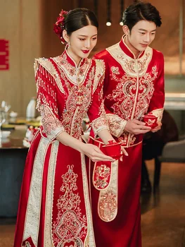 Nevesta Vezenje Cheongsam Letnik Kitajski Stil Poroka Oblačenja Retro Toast Obleka Lady Phoenix Obleke Zveze Tang Obleko Oblačila