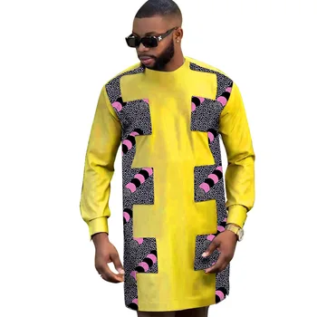 Nigerijski Moda moška Majica Rumena Poln Rokav Vrhovi Mozaik Design Prilagojen Moški Afriške Stranka Ženina Obrabe
