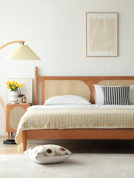 Nordijska letnik rattan posteljo, spalnico, češnjevega lesa masivnega lesa zakonsko posteljo, 1,8 m malih gospodinjskih, 1,5 m Japonski postelja