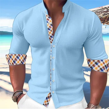 Nova Moda Priljubljenih Moške Mišice Majica Barva Preprost Mehko Udobno Moške Stoječi Ovratnik, Dolgi rokavi Srajco 2023