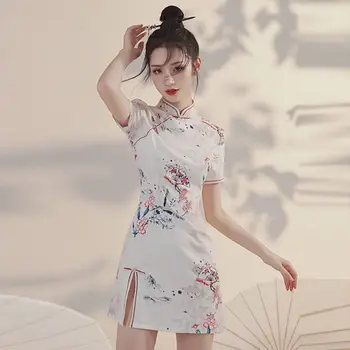 Nove Kitajske Tradicionalne Ženske Obleke Cheongsam Seksi Kratek Rokav Lady Cvetlični Poletje Split Mini Obleka Qipao