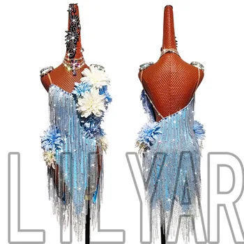 Novo latinsko Plesna Predstava Konkurence Obleko Odraslih Žensk Modra Peneče Diamant Tassel Backless Luksuzni Plesno Obleko
