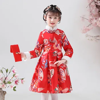 Novo Leto Obleko Otroci Zimski Flis Kitajski Rdeče Tang Han Cheongsam Qipao Obleke Princess Retro Elegantne Poroka Festival Kostumi