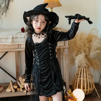 Noč čarovnic za Otroke Temno Gothic Čarovnica Dekle Obleko Malo Hudič Dekle Fazi Play Kostum