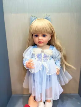NPK 55 CM za Celotno Telo, Silikona, Mehka na Dotik, ki so Prerojeni Malčka Princesa Betty z dolgimi blond Lasmi Modra obleka Veren Pravi baby doll