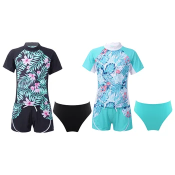 Otroci Dekleta Kopalke 3Pcs Nastavite Novo Kratek Rokav Natisnjeni T-majice, Vrhovi+Vrvico Hlače+Hlačke Set za Plaži, Plavanje kopalke