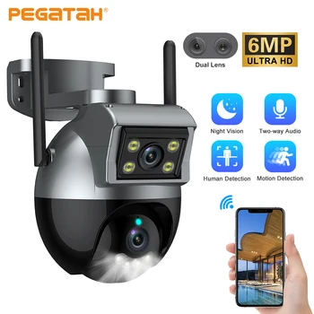 PEGATAH 6MP Dvojno Objektiv PTZ Kamere na Prostem Auto Tracking PTZ Wifi Varnostno nadzorna Kamera dvosmerni Audio Barve Noč IP Cam