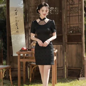 Poletje Black Cheongsam Kratek Rokav Obleka Tradicionalne Trgatve Kostume Elegantna Mini Qipao