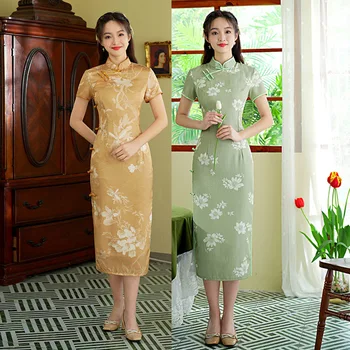 Poletje Cvet Natisnjeni Saten Cheongsam Izboljšano Orientalski Obleko Kitajskih Žensk Mandarin Ovratnik Qipao
