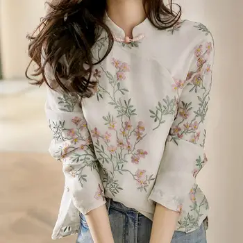 Pomlad Majica Trendy Priložnostne Ženske Vrh Rastlin Cheongsam Majica Cvetje Tiskanje Oko-lov Pomlad Bluzo za Nakupovanje