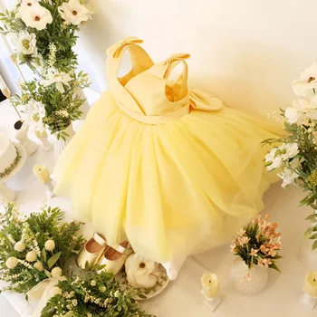 Princesa Rojstni dan Obleko Za Baby Dekle svate Cvet Otrok Rumeni Lok Očesa Žogo Obleke za Otroke Eleganten modni brvi Kažejo, Obleko