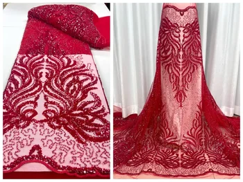Rdeča 2022 Luksuzni Sequins Čipke Materiali Visoke Kakovosti Afriške Beaded Til Tkanine, Vezenine, Čipke z biseri za Poročno obleko