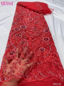 Rdeče Čipke Tkanine 2023 Izključno Sequined francoski Poroka Čipke Tkanine Luksuzni 3D Bleščica Beaded Čipke Tkanina Za Poročne obleke